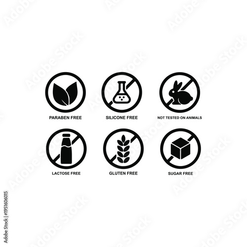 Set of Product Safety Icons Paraben Free Silicone Free Not Tested On Animals and Gluten Free