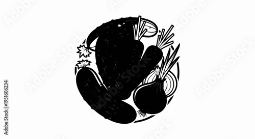 A black and white illustration of fresh vegetables, including cucumbers, carrots, and onions, arranged circularly