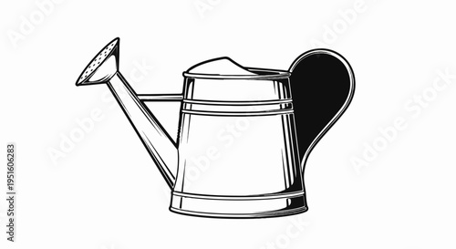 A black and white line drawing of a classic metal watering can on a white background