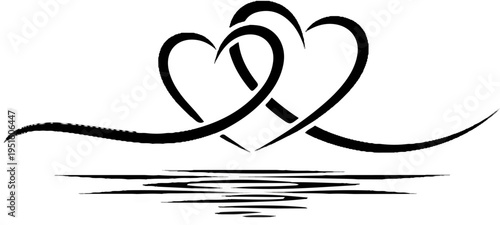Two interwoven hearts above a stylized reflection of rippling water