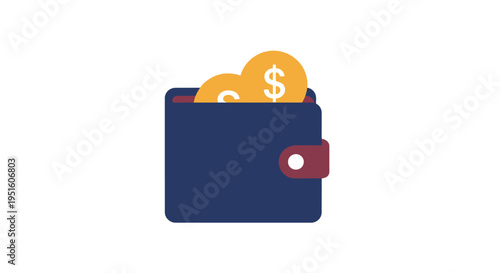 Minimalist illustration of a dark blue wallet with golden dollar coins symbolizing financial growth and income management