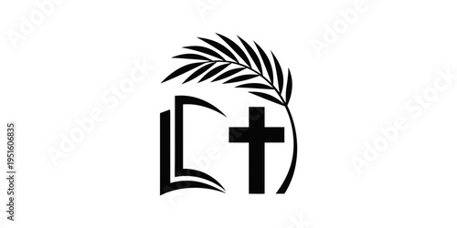 Christian emblem with open Bible, cross and palm branch. Vector black silhouette icon. Concept of Palm Sunday, Holy week, Easter and church logo.