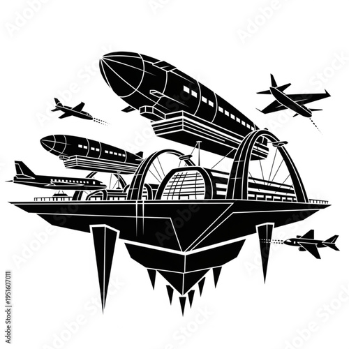 Futuristic Flying City with Airships and Airplanes Illustration.
