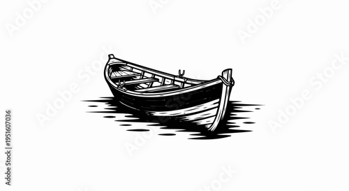 Black and white sketch of a wooden rowboat on water