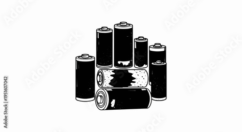 A collection of assorted batteries stacked and lying down, rendered in black and white