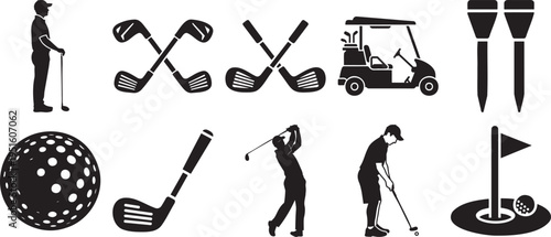 Golf sport equipment and player silhouette icon set with club ball cart flag and tee