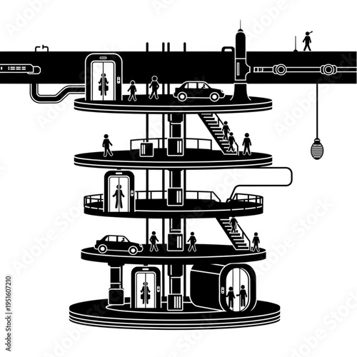 Futuristic Multi-Level Building with Elevators and Car Access.