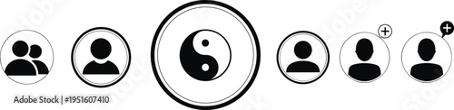 User profile icon set with person avatar member account symbols and Yin Yang balance sign in black flat design style vector illustration