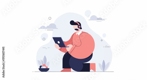 Stylized person with headset and laptop kneeling amidst abstract shapes and plants