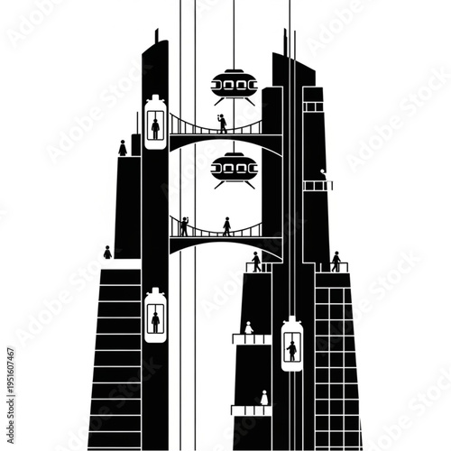 Futuristic Skyscraper with Elevators and Sky Bridges in Black and White.