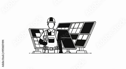 A lone worker stands before a bank of solar panels, holding a meter