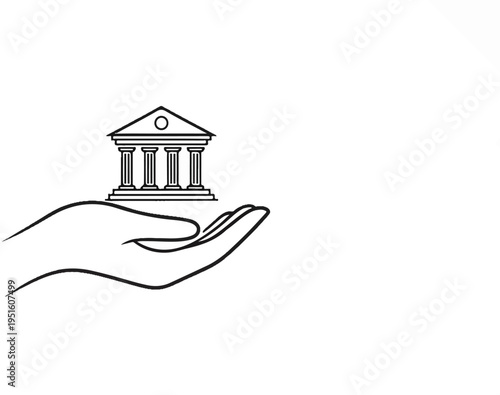 A line drawing of a hand holding a classical building with pillars