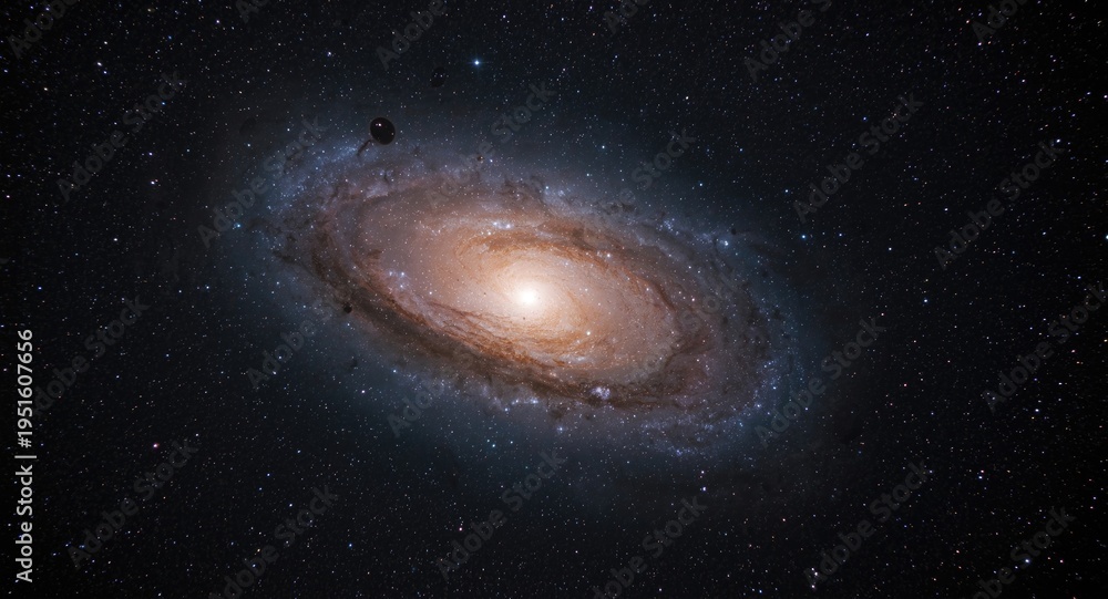 Fototapeta premium Glowing spiral galaxy embedded in a vast stellar background full of stars and nebulae