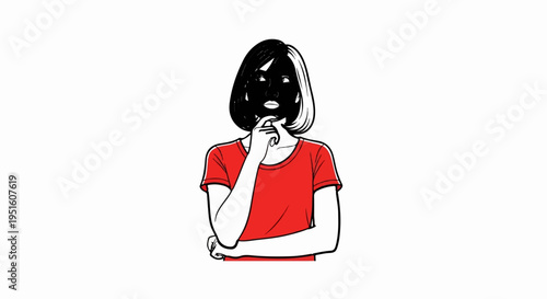 A figure in a red shirt with their chin resting on their hand, face obscured