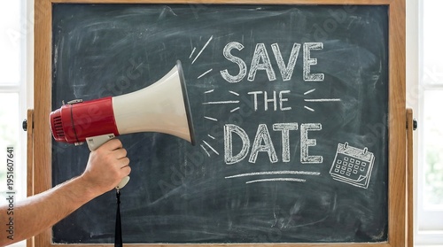 Hand holding a megaphone announcing 'Save the Date' with a calendar icon on a blackboard, perfect for event announcements