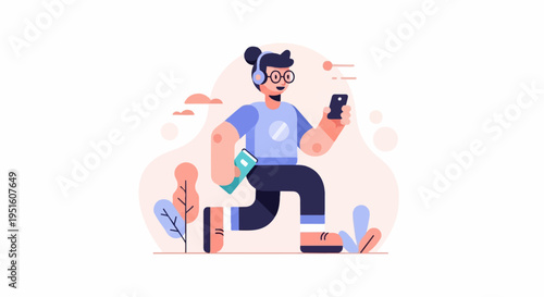 Cartoon figure with headphones and phone jogging through stylized plants and clouds