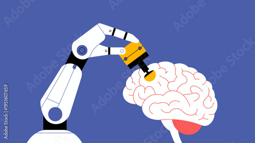 A sophisticated robotic arm drilling a yellow tool into a human brain, symbolizing technological integration.