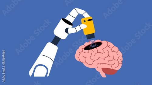 A robotic arm inserting data, marked with "AI", into a human brain, representing artificial intelligence.