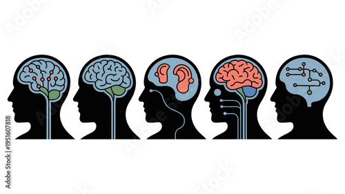 A lineup of five diverse human head profiles illustrating brain anatomy and technological integration.