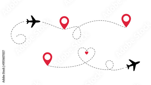 Two airplanes trace dashed flight paths with multiple location markers and a heart symbol.