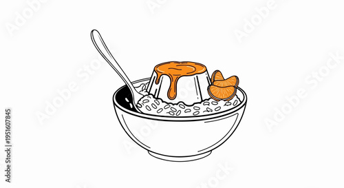 Delicious dessert with a spoonful, adorned with orange slices and caramel