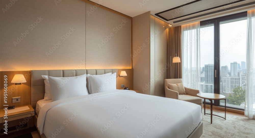 Fototapeta premium Exclusive hotel room with double bed minimalist decor and warm natural lighting creating a peaceful retreat
