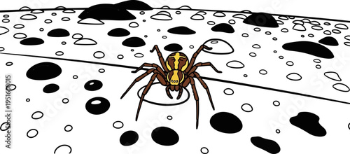 Stylized spider on a surreal surface with scattered circular shapes