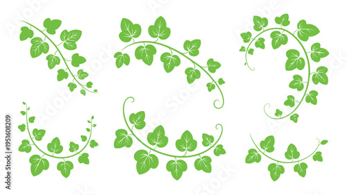 Six vibrant green grunge-style vector icons featuring various arrangements of ivy vines with leaves.