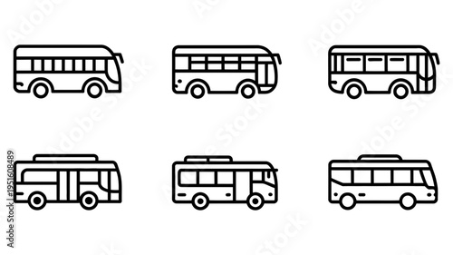 A series of six outline bus drawings illustrates various models of public transportation vehicles.