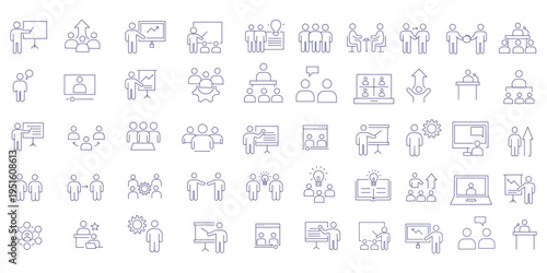 Training and Coaching line icon set. Set of 21 outline icons related to training, coaching, mentoring, education, seminar, meeting, course, meeting and others. Editable stroke. Vector