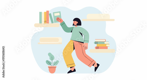 A person reaching for a book on a shelf with a plant nearby