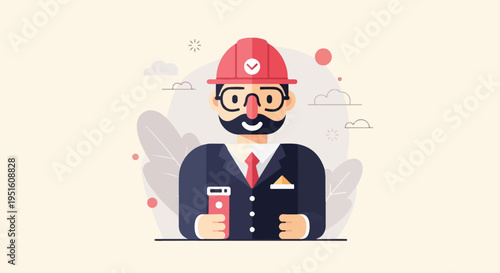 A stylized character in a hard hat and suit holds a red mobile device