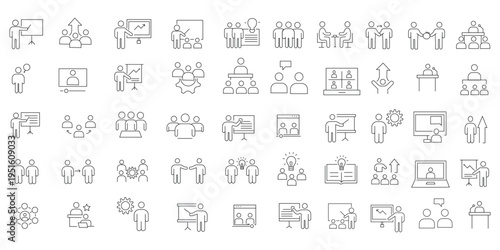 Training and Coaching line icon set. Set of 21 outline icons related to training, coaching, mentoring, education, seminar, meeting, course, meeting and others. Editable stroke. Vector