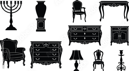 Vintage furniture silhouettes set, antique home decor collection with classic chair, table, cabinet and lamp isolated on white background