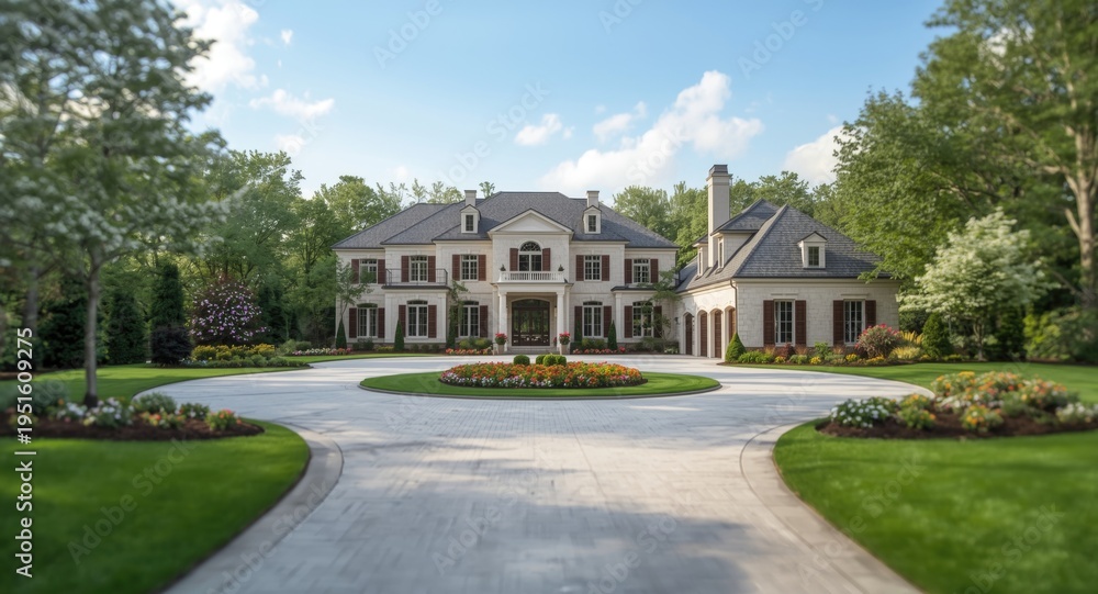 Fototapeta premium Palatial customized dwelling with manicured yard and direct driveway to private garage