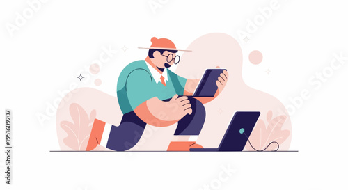 Stylized person working with multiple electronic devices in soft colors