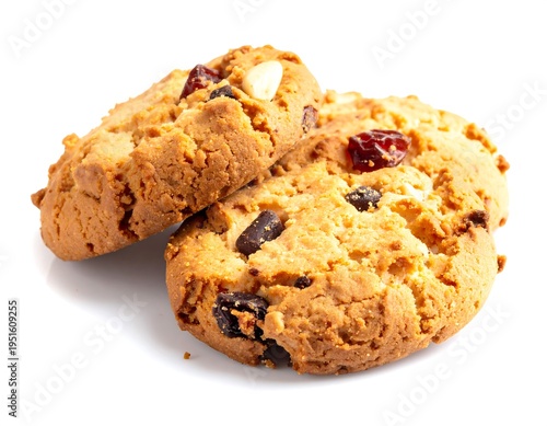 Two golden cookies with chocolate chunks and red berries on a white background