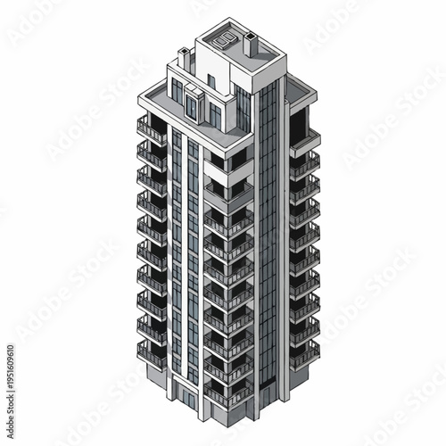 Modern High Rise Residential Apartment Building Isometric View.