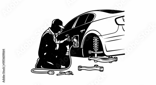 Mechanic working on car suspension, tools scattered around the auto