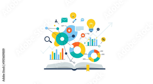 Business Intelligence and Knowledge Concept. Data Analysis Charts and Strategy Icons Flowing from an Open Book. Educational Research Vector Illustration.