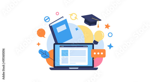 Online Education and E-Learning Concept Illustration. Laptop, Book, Graduation Cap, and Lightbulb for Digital Knowledge and Distance Study.