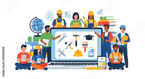 Online Vocational Training for Skilled Trades: Diverse Students and Workers Learn Technical Education and Career Development on a Laptop