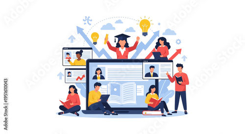 E-learning Platform and Online Education Success. Virtual classroom concept with students studying, graduate celebrating achievement, and professional skill development.