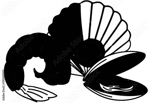 Black silhouette of a shrimp and opened clam shell with radiating lines