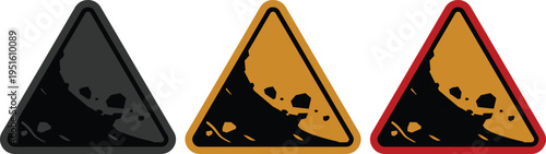 Falling rocks warning sign icon set collection group, landslide danger symbols, road hazard caution signs, rockfall alert vector icons for traffic safety and construction design.