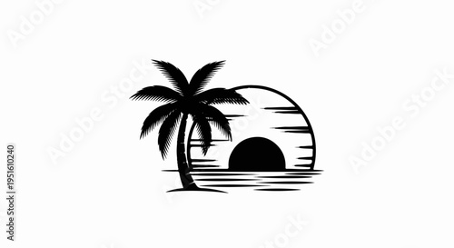 Black silhouette of a palm tree on a beach during sunset