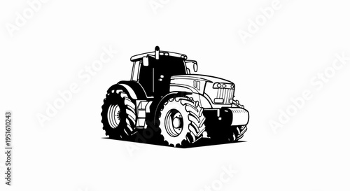 Black and white illustration of a powerful agricultural tractor with large wheels