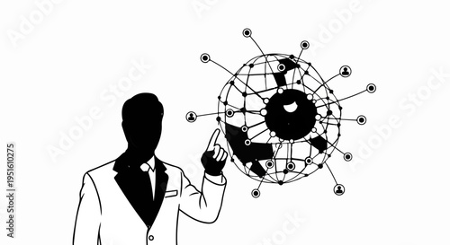 Businessman points to a global network with connected people icons