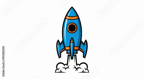 Blue rocket launching with orange accents and exhaust fumes