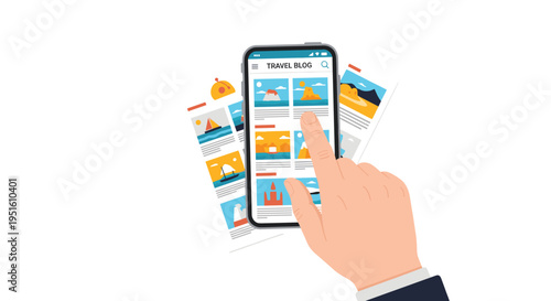 A hand taps on a smartphone screen displaying a travel blog with images, surrounded by scattered travel photos.